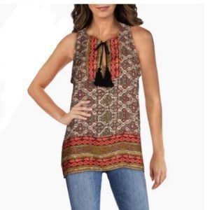 NWT RED HAUTE brown red gold tribal print keyhole floaty tank chiffon tassels S